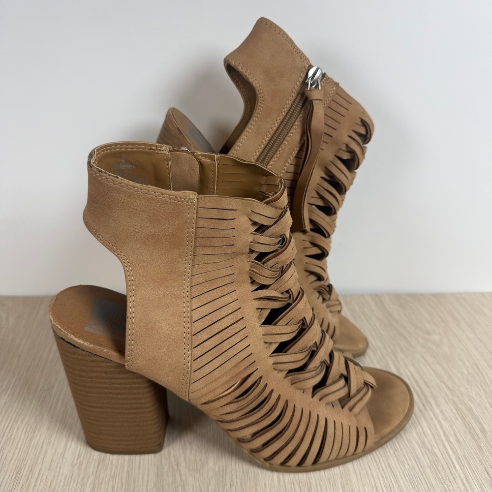 Heeled Booties DV Dolce Vita Womens 9 Tan Caged Peep Toe Laser Cut Tassel Boho